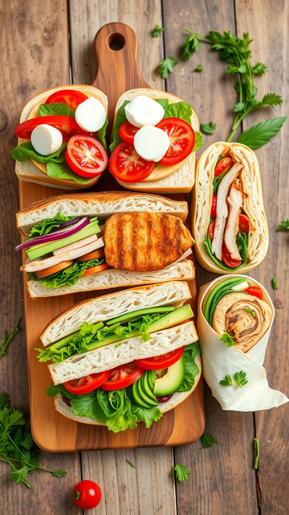 Five assorted sandwiches including BLT, Caprese, Turkey Club, Spicy Chicken, and Vegetarian Hummus Wrap on a rustic wooden board.